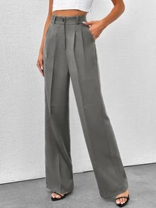 SHEIN Petite Women's Solid Color High Waisted Wide Leg Pants - Grey - View 3
