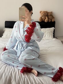 Napfluff CURVE Napfluff CURVE Women's Plus Size Colorful Patchwork 3D Lace Trim Striped Bow Print Long Sleeve Top & Long Pants Pajama Set - Blue - View 4