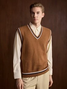 Manfinity CityGents Men's Striped V-Neck Casual Versatile Knit Vest - Brown - View 4