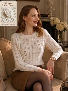 Suri Mira Women's Long Sleeve Hollow Crochet Floral Sweater - Beige - View 7