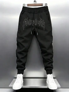 Gym Rark Men's Letter Print Elastic Leg Drawstring Waist Casual Sports Long Pants - Black - View 1