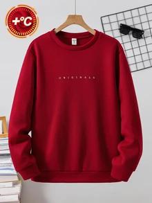 SHEIN 青少年男孩休閒字母印花紅色圓領運動衫，適合秋季、冬季、聖誕節和返校季節 - 紅色 - 查看 5
