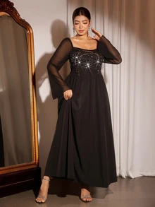 Cravure Plus Size Women Elegant Party Banquet Sequin Long Sleeve Dress - Black - View 7