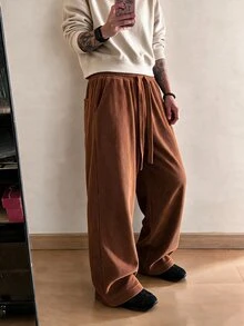 STEELVANCE Men's Solid Color Drawstring Waist Wide Leg Loose Casual Pants - Coffee Brown - View 4