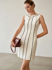MOTF PREMIUM WOMEN'S FASHION STRIPED COLORBLOCK WAIST-CINCHED DRESS - Black and White - View 5
