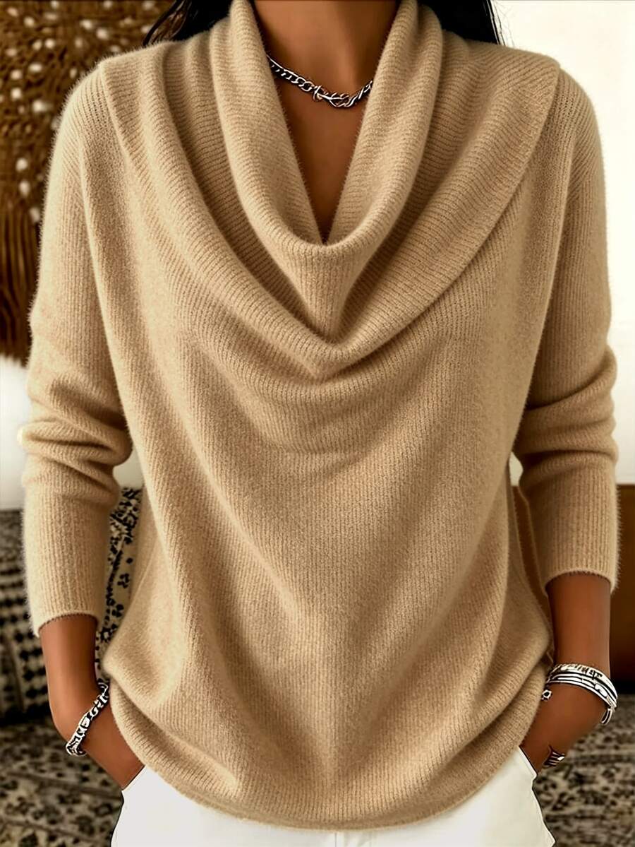Trelyra 女款純色垂領長袖休閒上衣 - 卡其色 - 查看 1