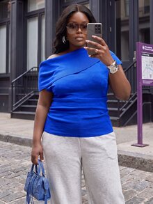 Slaydiva Plus Size Women's Knit Top, Draped Cowl Neck Plus Size Long Sleeve Soft Knitted Blouse - Blue - View 3