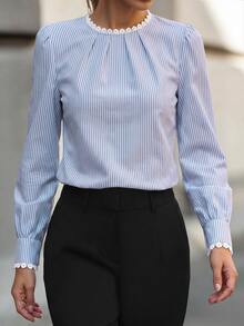 Velvienne Women's Elegant Striped Collared Lace Patchwork Long Sleeve Blouse, Suitable For Daily Commute, Dating, Home Wear - Blue - View 3