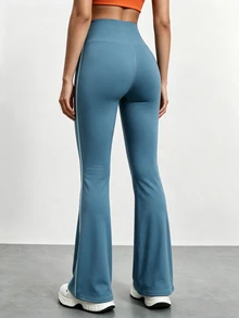Easithlete Women's Striped Colorblock High Waist Flared Leg Yoga Pants - Dusty Blue - View 2