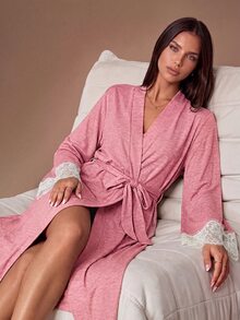 Lazeform Gaun Tidur Wanita Musim Panas Motif Renda Patchwork dengan Tali Depan dan Kain Nyaman - Berwarna merah muda - View 5