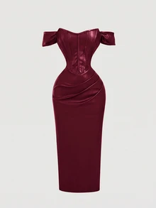 SHEIN MOD Gaun Bodycon Wanita Cokelat PU Tanpa Bahu - Burgundy - View 5