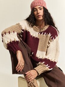 SoleilVie Women's Korean Style Color Block Long Sleeve Sweater For Vacation And Travel - Brown - View 6