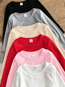 SHEIN 女童小女孩 6件組純色圓領休閒針織T恤套裝，刷毛厚實面料，適合秋冬穿著 - 彩色 - 查看 3