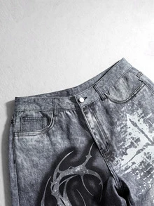 ROMWE MEN Street Life Celana Jeans Denim Pria Premium Abu-abu Serbaguna dengan Motif Grafiti Vintage - Grey - View 5