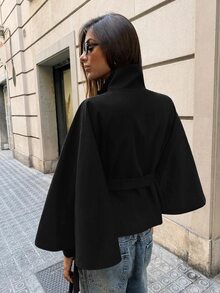 Aloruh Minimalist Commuter Brown Small Stand Collar Cape Trench Coat, Cinched Waist, Long Sleeve, Short Length Women's Jacket - Black - View 2