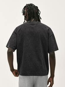 Baseblock Men's Washed Distressed Short Sleeve T-Shirt, English Rhinestone Print, Street Hip-Hop Style, Versatile For Daily Wear, Casual Outfit, Highlighting American Vintage Vibe - Black - View 4