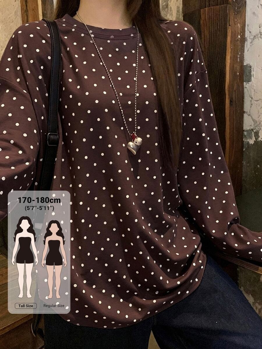 Dazy Tall Women's Round Neck Loose Long Sleeve Polka Dot Casual T-Shirt - Brown - View 1
