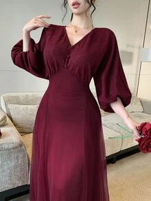DAZY Women's Vintage Long V-Neck Mesh Dress - Burgundy - View 2