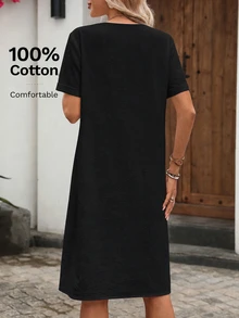 EMERY ROSE Women's Vacation Casual Plain V-Neck Hollow Patchwork Mid-Length Short Sleeve Dress Brunch Black - Black - View 2