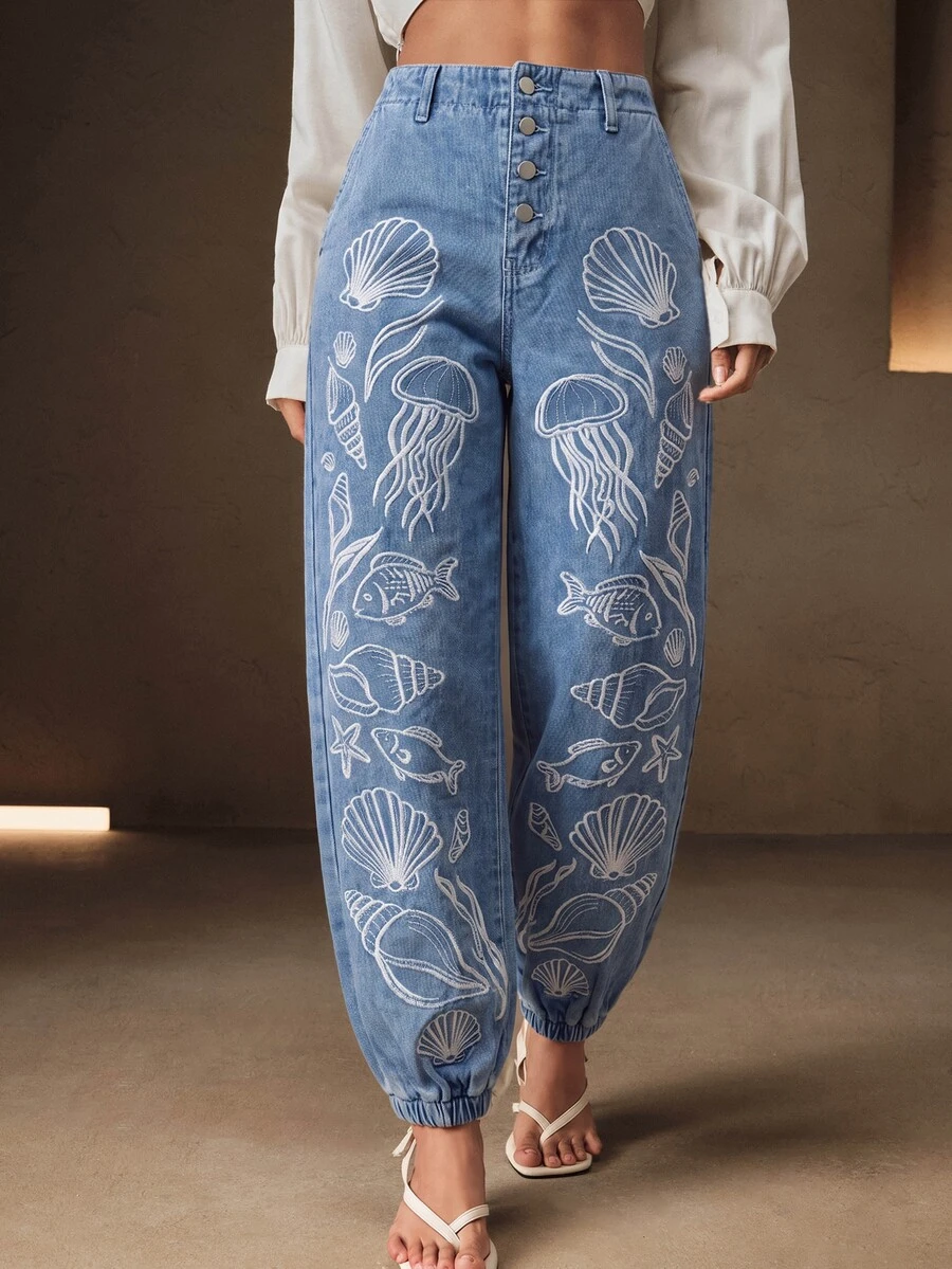 Anewsta Women's Exquisite Luxurious Heavy Embroidery Rope Decor White Long Pants For Summer Vacation - Blue - View 1