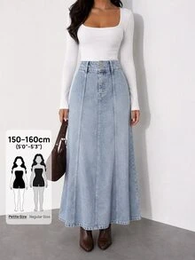 SHEIN PETITE Petite High Waist Casual Style Light Blue Wash Regular Fit Double Button Long Denim Skirt - Light Wash - View 1