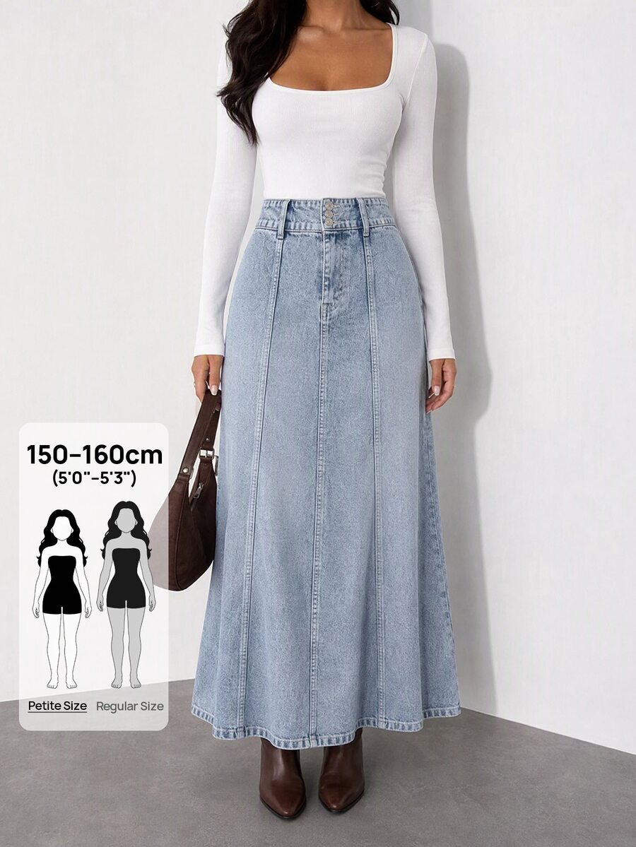 SHEIN PETITE Petite High Waist Casual Style Light Blue Wash Regular Fit Double Button Long Denim Skirt - Light Wash - View 1