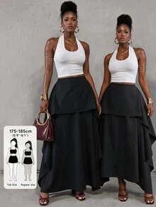 BamGlimmer Black Asymmetrical Long Skirt Fluid Woven Fabric High Waist Loose A-Line Layered Hem Design Hip Silhouette Classy Elegant Party Date Night Fall - Black - View 2