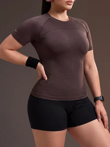 Powerista Women's Plus Size Round Neck Silver Reflective Foil Print Brown Slim Fit High Elastic Seamless Short Sleeve Sports T-Shirt - Brown - View 3