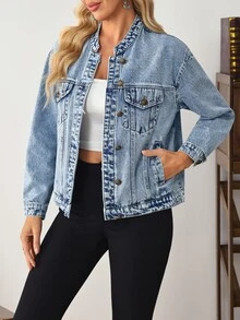 SHEIN Women's Long Sleeve Single-Breasted Casual Pocket Denim Jacket - Blue - View 4