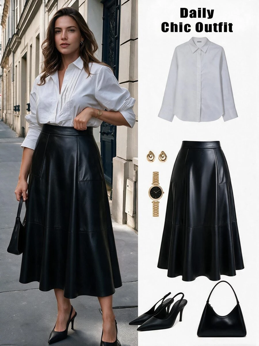 SHEIN LUNE CURVE Plus Size Women's Autumn/Winter Glossy Leather Flared Skirt - Black - View 1
