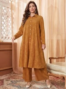 Mulvari 2pcs Textured Jacquard Contrast Button Plus Size Casual Set 2 Pieces Set - Yellow - View 5