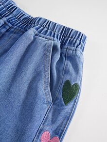GlowEve 女款愛心刺繡口袋寬腿寬鬆休閒牛仔褲 - 中等水洗藍 - 查看 3