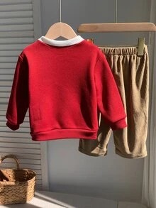 SHEIN 男女嬰幼兒 2件組秋冬保暖內裡加厚可愛泰迪熊圖案 Polo 領運動衫套裝，Polo 套裝，嬰兒冬季衣物，聖誕 - 酒紅色 - 查看 2