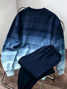Daypath Men's Casual Striped Print Loose Fit Slightly Dropped Shoulder Pullover Sweatshirt Set, Men's Sportswear Set - الأزرق - مشاهدة 2