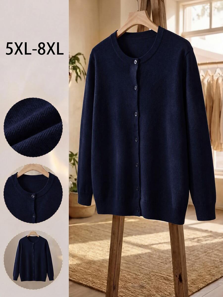 SHEIN CURVE+ Plain Casual Long Sleeve Plus Size Cardigan In Fall/Winter - Navy Blue - View 1