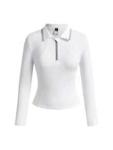 SHEIN Velisys قميص بولو رياضي نسائي بلون موحد بسحاب 1/4 وأكمام طويلة ضيق - متعدد الألوان - مشاهدة 5