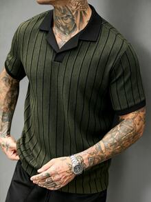 SLATEMANN 男士條紋短袖休閒通勤 Polo 衫 - 軍綠色 - 查看 3