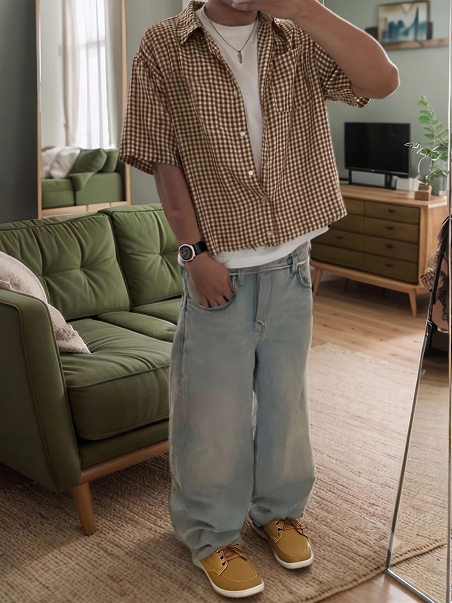 Resyla Men 男士格紋短袖單排扣休閒寬鬆版型襯衫 - 棕色 - 查看 1