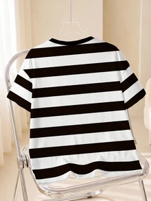 TOM & JERRY X SHEIN Women's Letter Striped Print Round Neck Short Sleeve Casual T-Shirt - White - View 2
