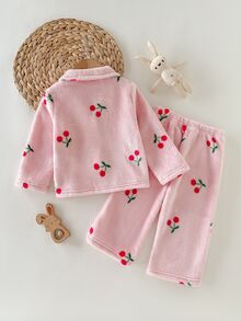 Cozy Pixies 女嬰針織櫻桃圖案人造毛領開襟衫與長褲2件套居家服，聖誕睡衣，秋季新款，秋冬穿著 - 粉色 - 查看 2