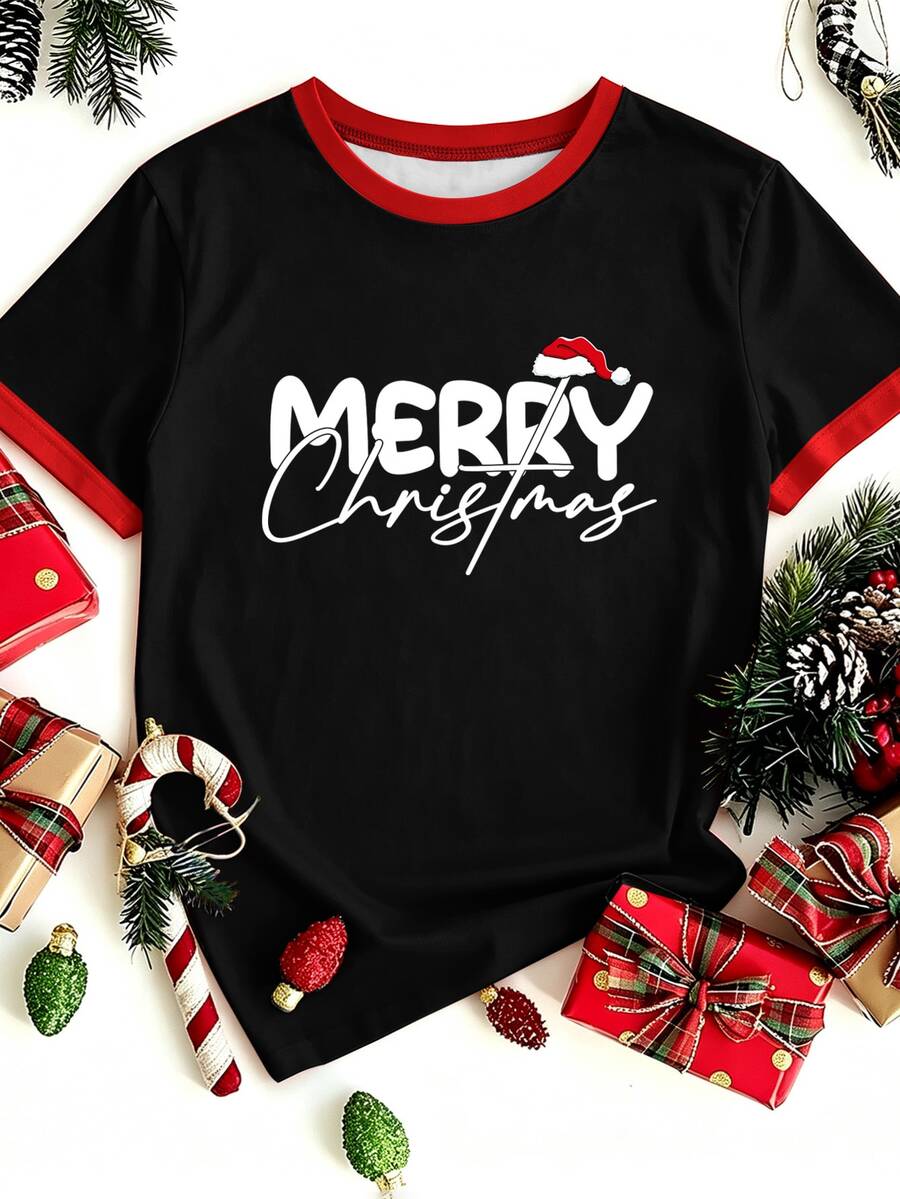 Chillumni Kaos oblong pria motif Natal "MERRY Christmas" warna hitam dengan kerah bulat. - MultiWarna - View 1