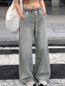 Dazy Plus Celana Jeans Denim Panjang Sepanjang Musim dengan Pinggang Elastis dan Tali Serut, Potongan Lurus Longgar, Model Washed Distressed, Gaya Street Casual, - Light Wash - View 2