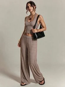 SHEIN Tall Women's Tall Two Pieces Set: Brown Halter Top And Trousers – Casual, Work-Ready, And Vacation - Brown - View 3
