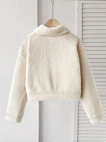 SHEIN 青少年女孩外套 秋冬街頭風 加厚泰迪絨 大貼袋 對比色鈕扣 翻領機車夾克，適合秋冬日常穿著 - 米色 - 查看 5