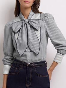 Nöista Women's Striped Ruffle Fashion Casual Long Sleeve Shirt - Blue - View 5