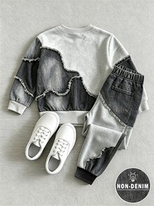 SHEIN 女童 2 件組休閒時尚春夏秋款圓領運動衫與運動長褲套裝，酷炫幾何拼接圖案，彈性柔軟面料，適合男孩穿著，休閒外出、返校、派對、戶外野餐、街拍、校園、假期，禮物首選 - 彩色 - 查看 2