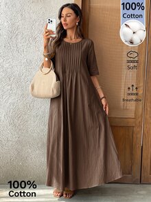EMERY ROSE Women's Round Neck Mid-Sleeve Pleated Long Dress Coffee Brown Fall Casual - Brown - View 8