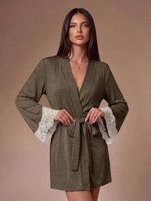 Lazeform Women's Summer Morning Robe With Lace Patchwork And Tie-Up Design, Comfortable Fabric - Brown - View 1