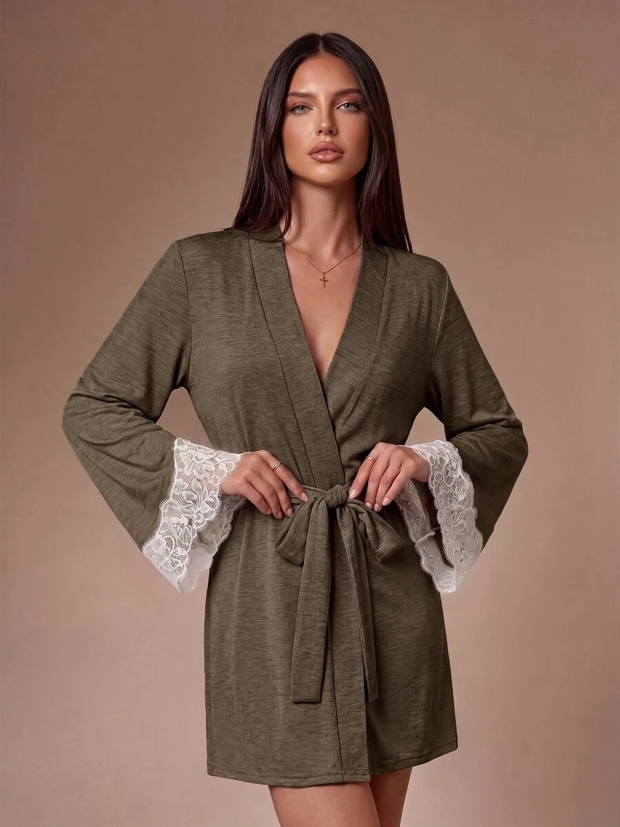 Lazeform Women's Summer Morning Robe With Lace Patchwork And Tie-Up Design, Comfortable Fabric - Brown - View 1