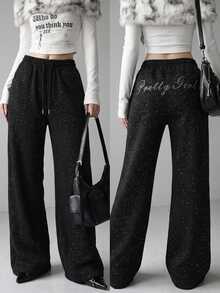 FRIFUL Women's Rhinestone Letter Pattern Drawstring Waist Casual Sweatpants - Black - View 1